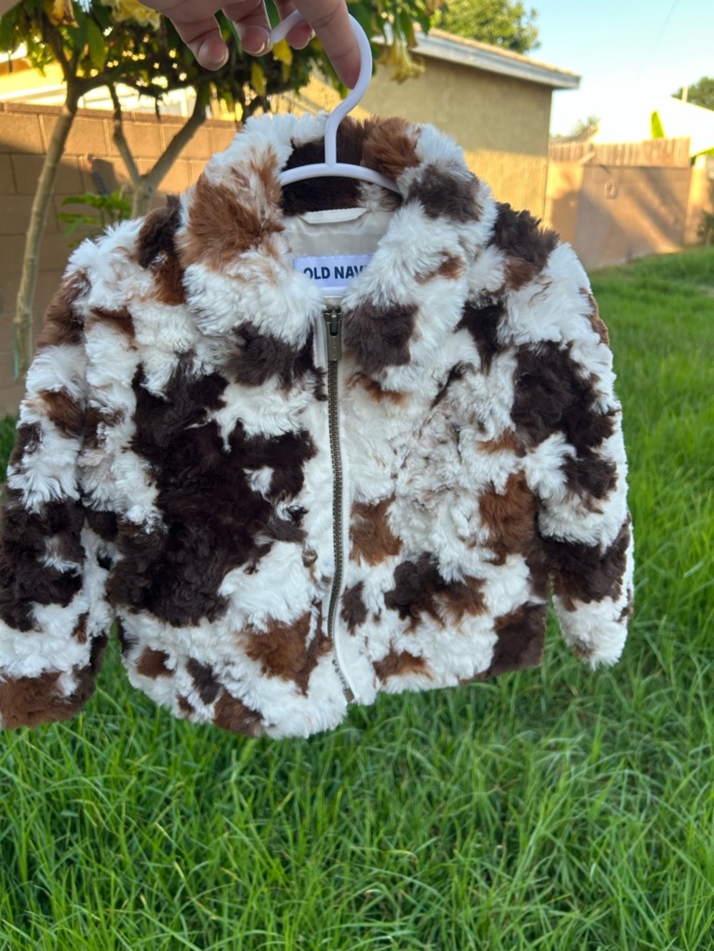 Old Navy Girls Brown, White & Dark Brown Faux Fur Patchwork Puffer Jacket